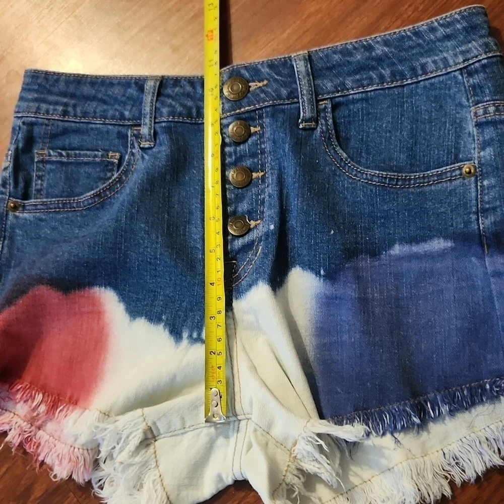 CP Shorts Womens Senim Jean Button Up Size 7 Juniors Fray Red White Blue Denim